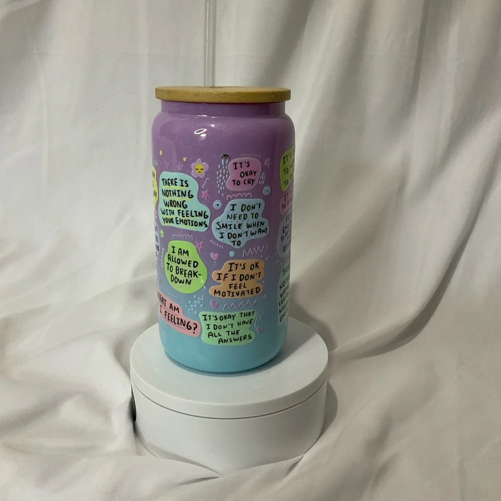 16 Ounce Handmade Shimmer Purple/Blue Glass Can Cup My Mental Breakdown Cup - Picture 5 of 6